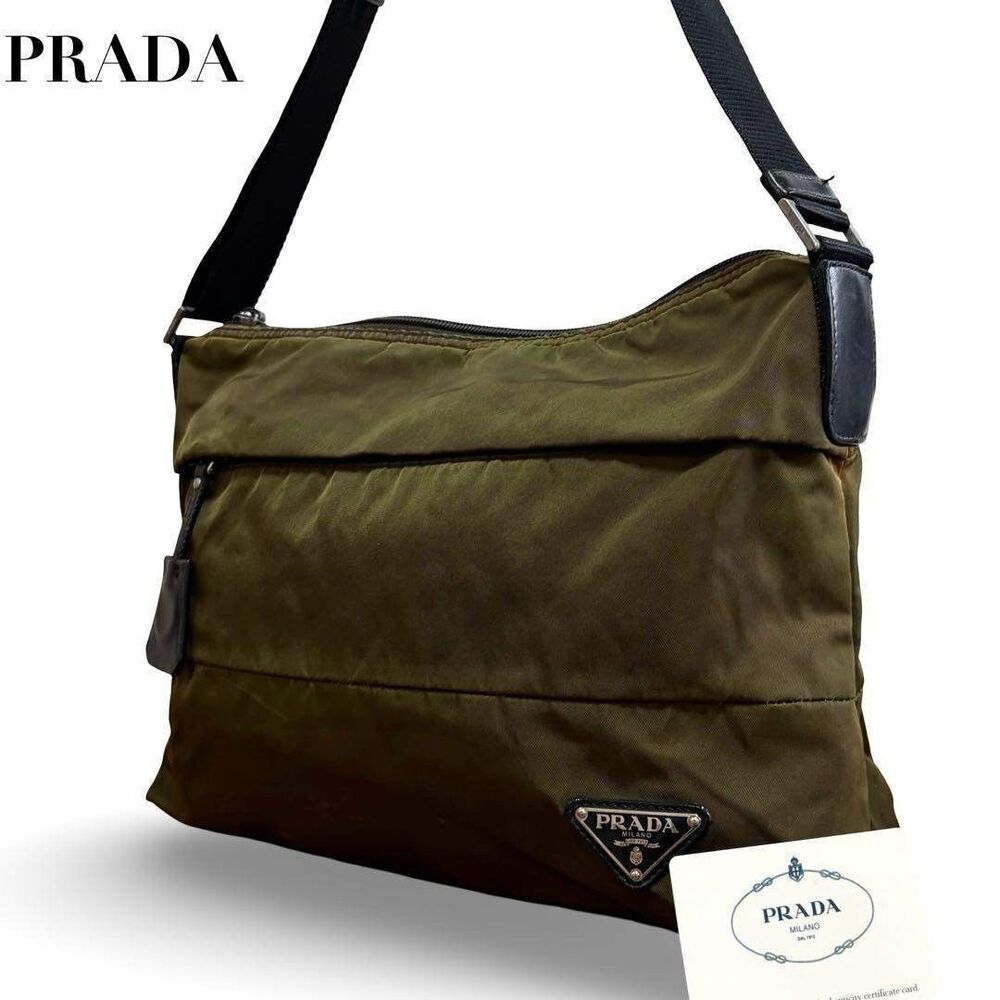PRADA shoulder bag Hobo cross body triangular Khaki Green leather clochette
